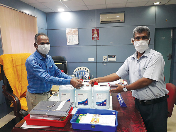 On request from the Public Works Department, Chemplast, Karaikal, provided over 20 litres of sanitiser. Disinfection activities at rural areas in and around Karaikal - Mudali Medu and Vadaku Vanjore Villages