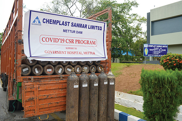 Sodium Hypo Chloride solution, 3440 kg, was donated by Chemplast Sanmar, Mettur, to sanitise the villages under the Veerakalputhur Panchayats, also Chemplast Sanmar donated Rs 5 lakhs and supplied 100 medical oxygen cylinders to the Mettur General Hospital towards COVID relief measures. 